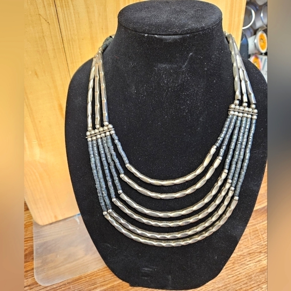 Vintage 90s 3-Row Silver-tone Metal and Black Beaded Necklace